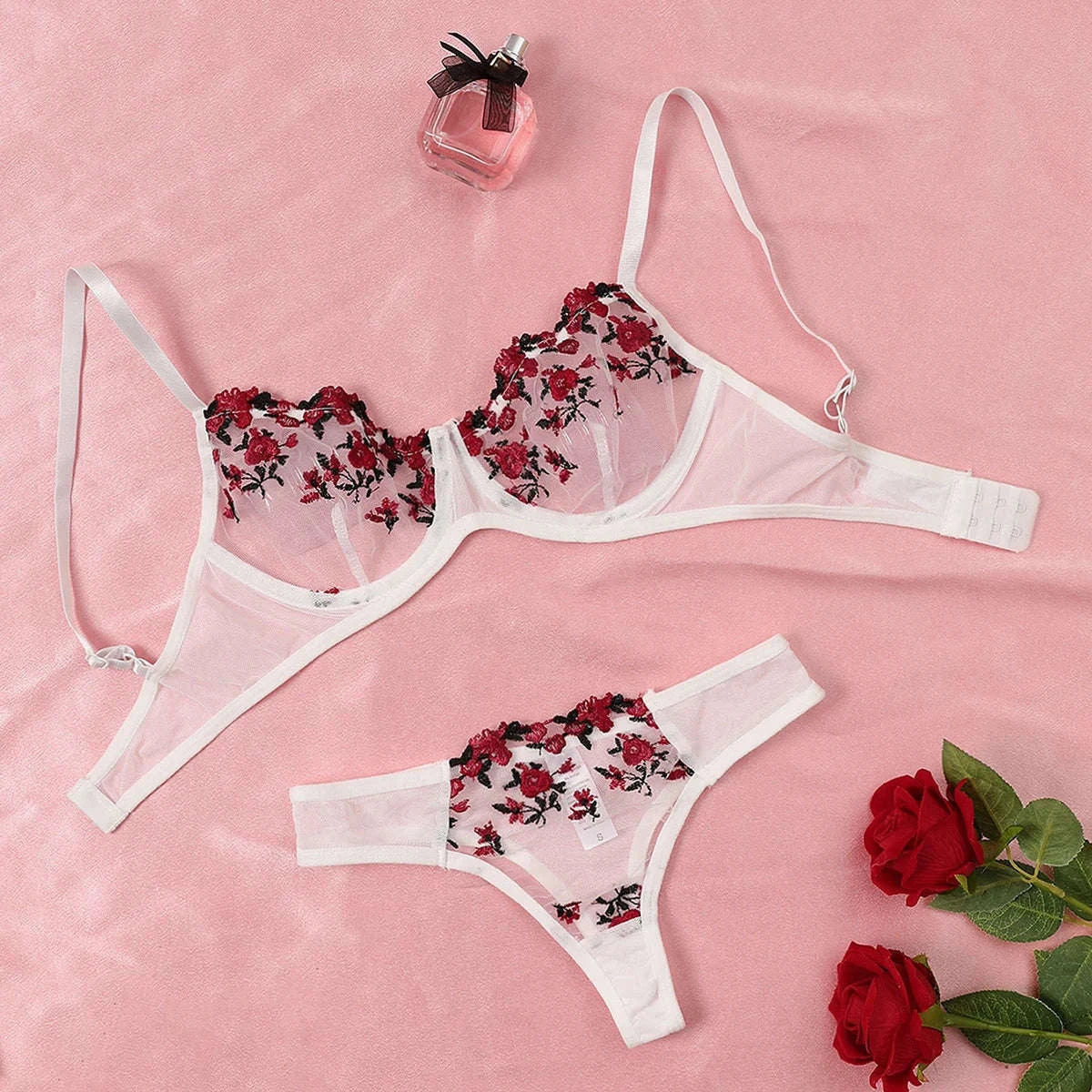 Floral Embroidery Lingerie Set-270-shenzise / M