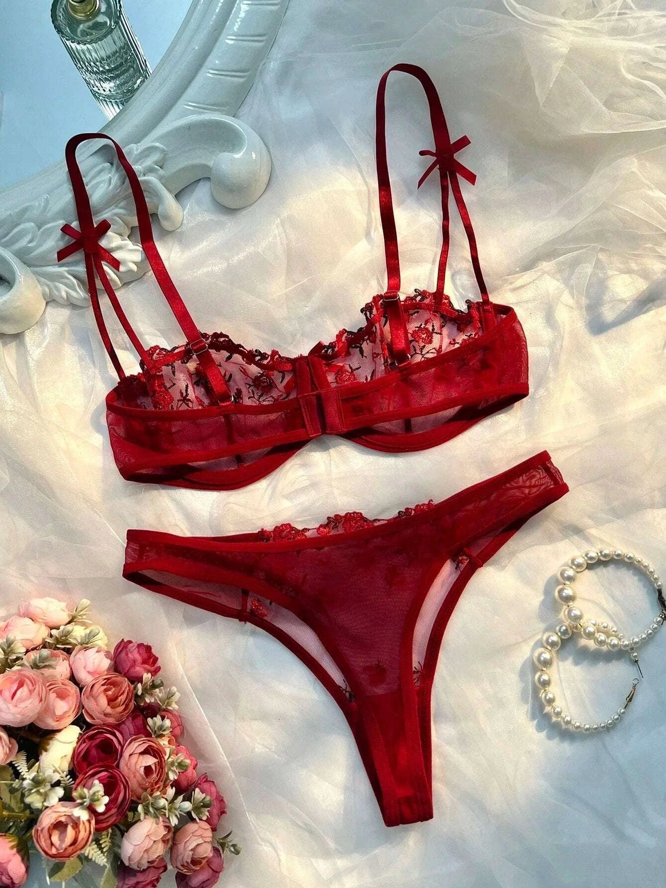 Floral Embroidery Lingerie Set-270-shenzise / M