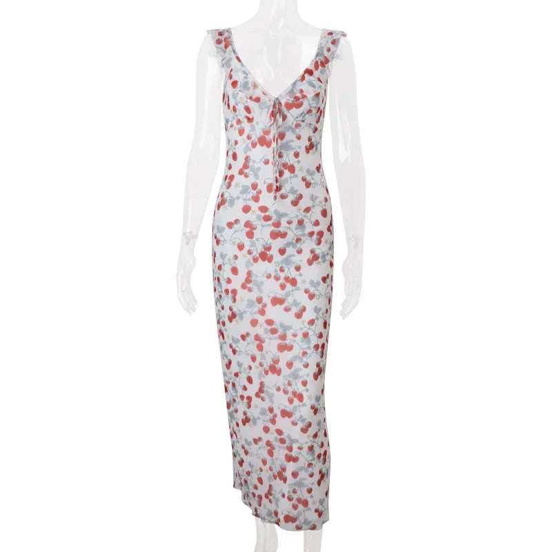 Floral Maxi Dress – Plunge Backless Summer Dress-red / M