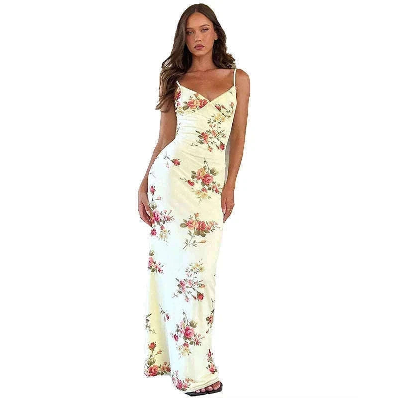 Floral Print Maxi Dress with Open-Back, Square Neckline-Apricot / L