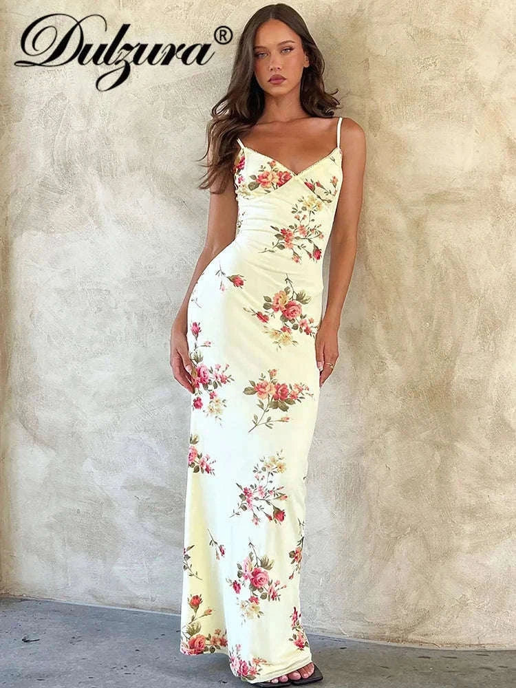 Floral Print Maxi Dress with Open-Back, Square Neckline-Apricot / L