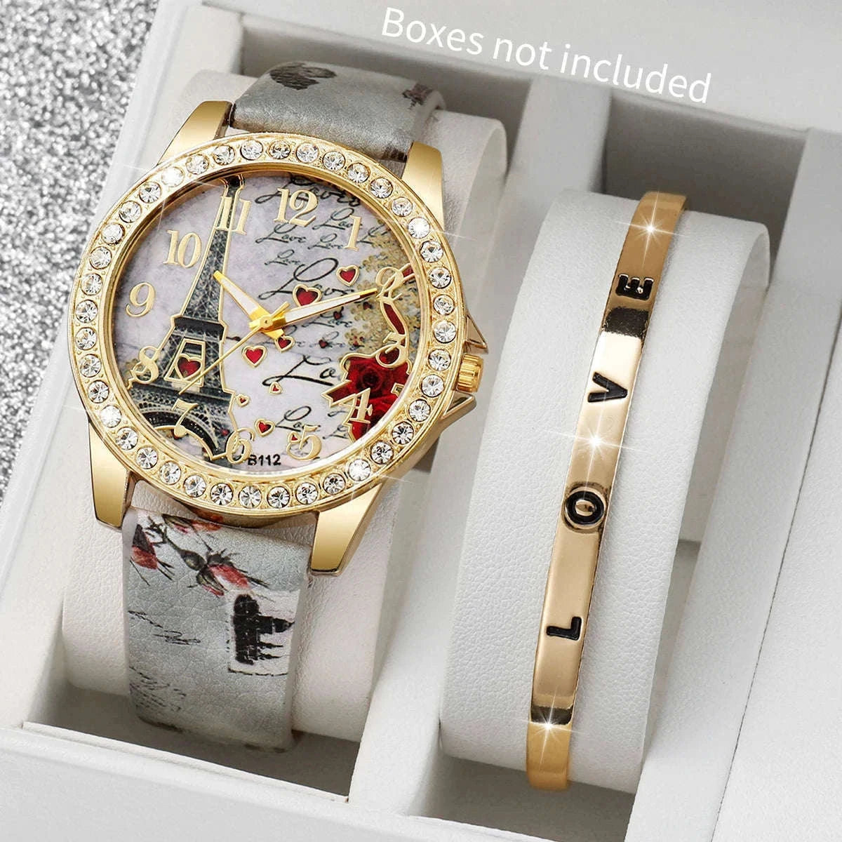 Floral Rhinestone Women's Watch Set with Leather Band-2PCS B No Box