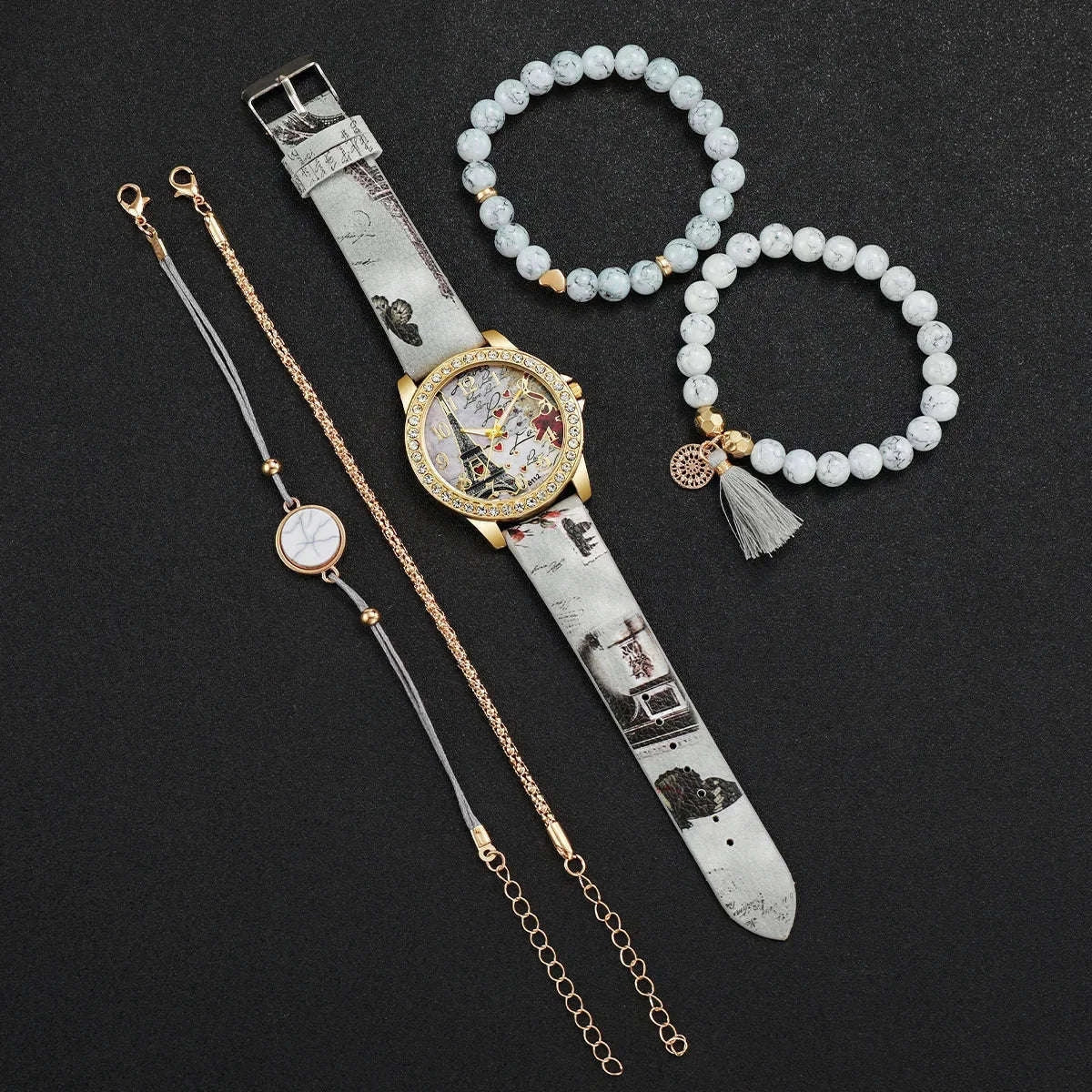Floral Rhinestone Women's Watch Set with Leather Band-2PCS B No Box