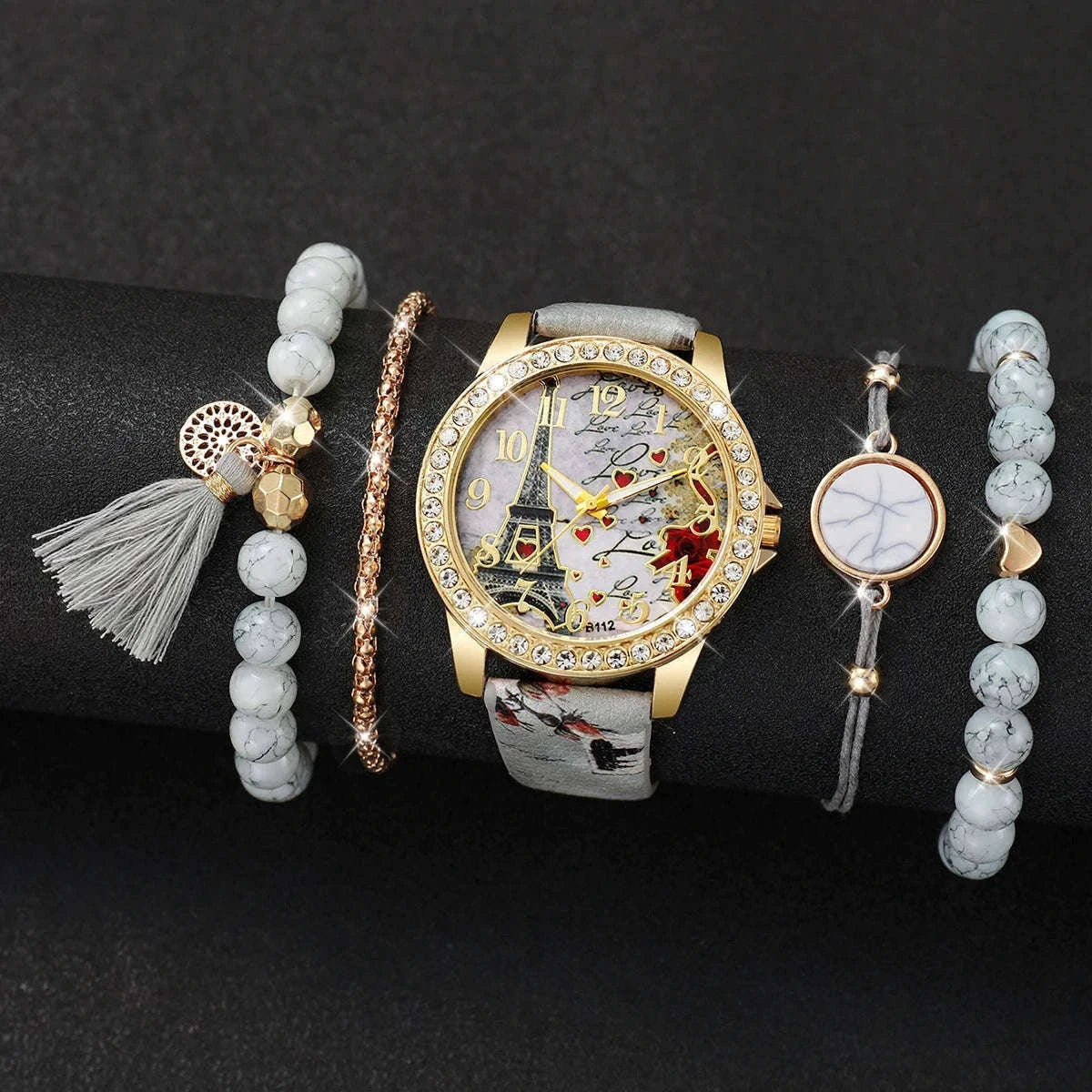 Floral Rhinestone Women's Watch Set with Leather Band-2PCS B No Box