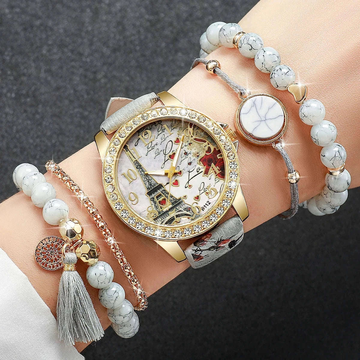 Floral Rhinestone Women's Watch Set with Leather Band-2PCS B No Box