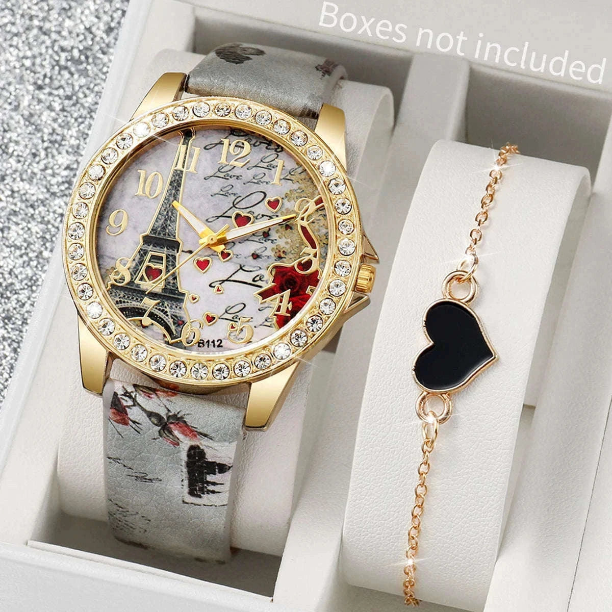 Floral Rhinestone Women's Watch Set with Leather Band-2PCS B No Box