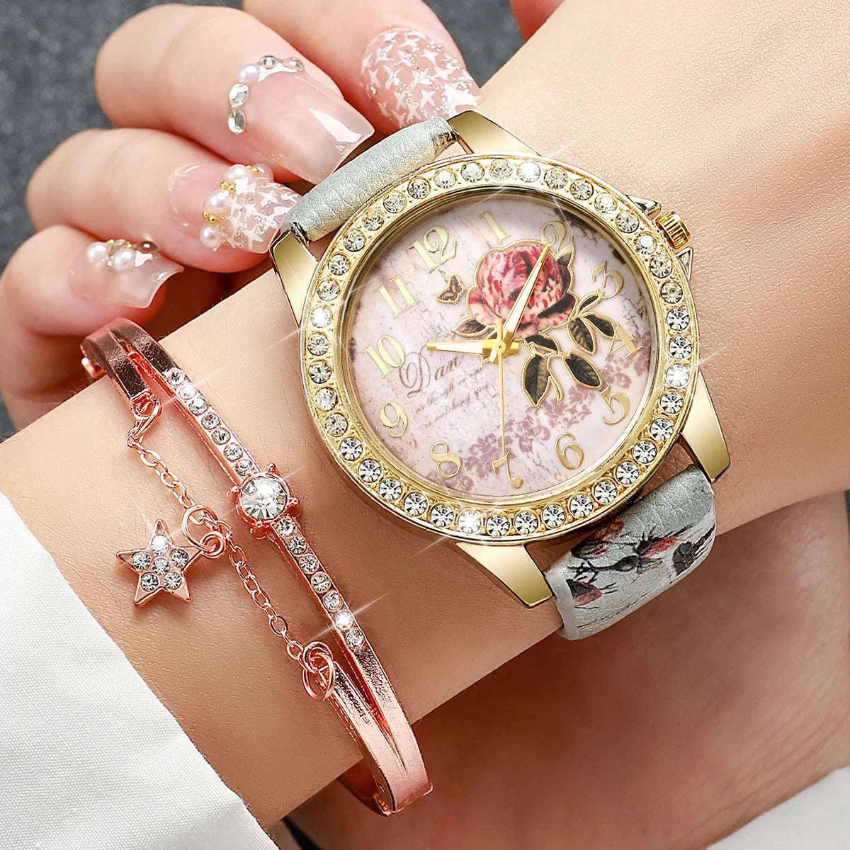 Floral Rhinestone Women's Watch Set with Leather Band-2PCS B No Box