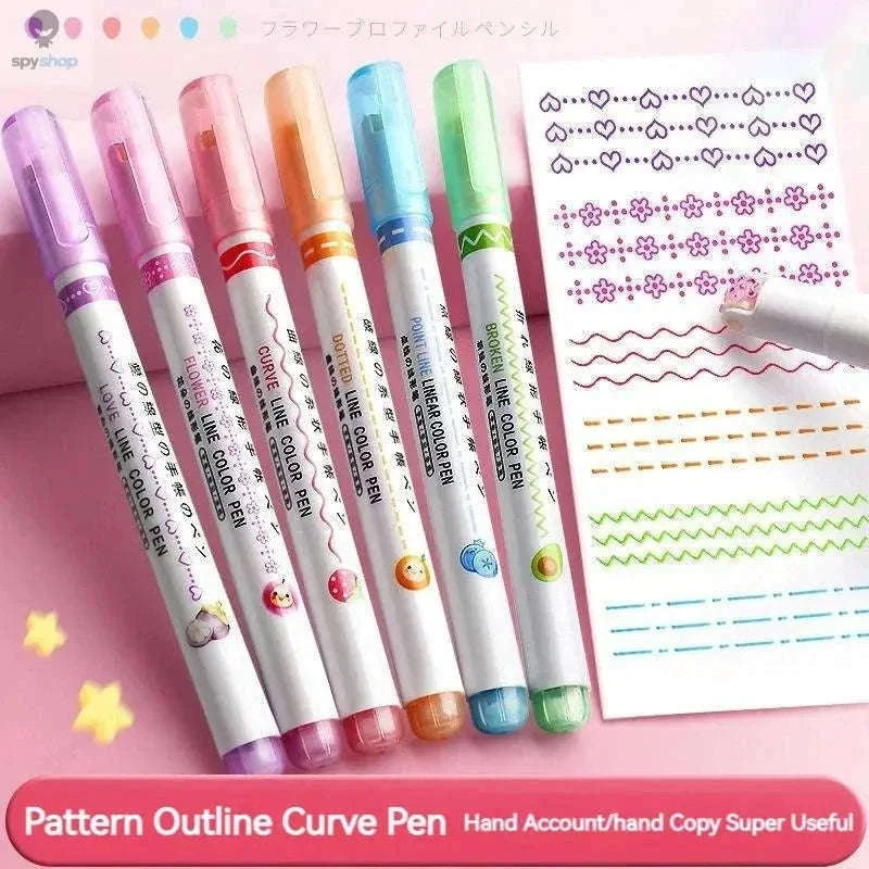 Flower Line Highlighter Pen Set, 6 Vibrant Decorative Markers-7068A-6 Colors
