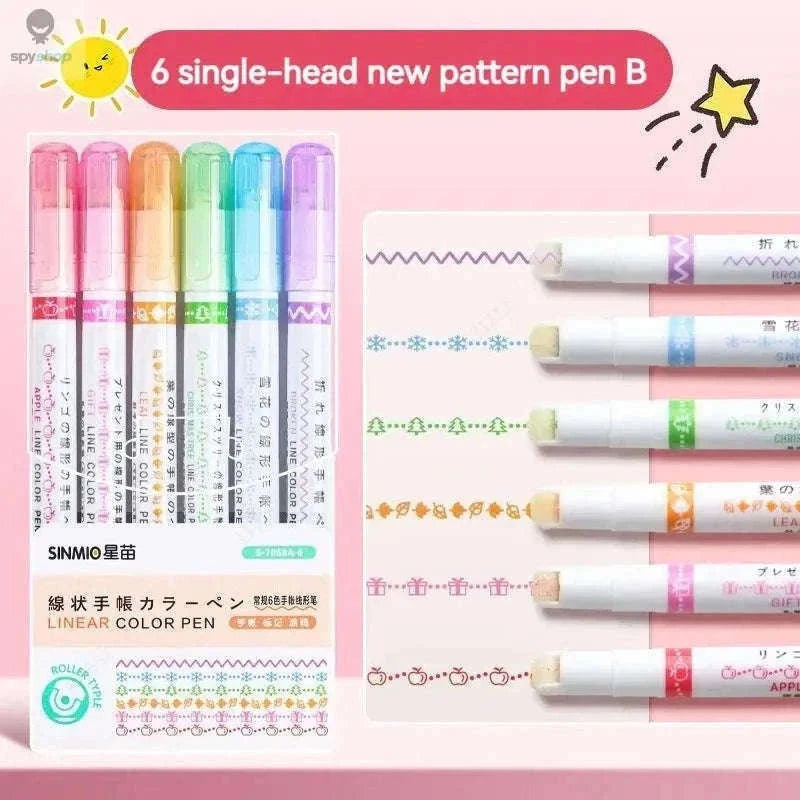 Flower Line Highlighter Pen Set, 6 Vibrant Decorative Markers-7068A-6 Colors