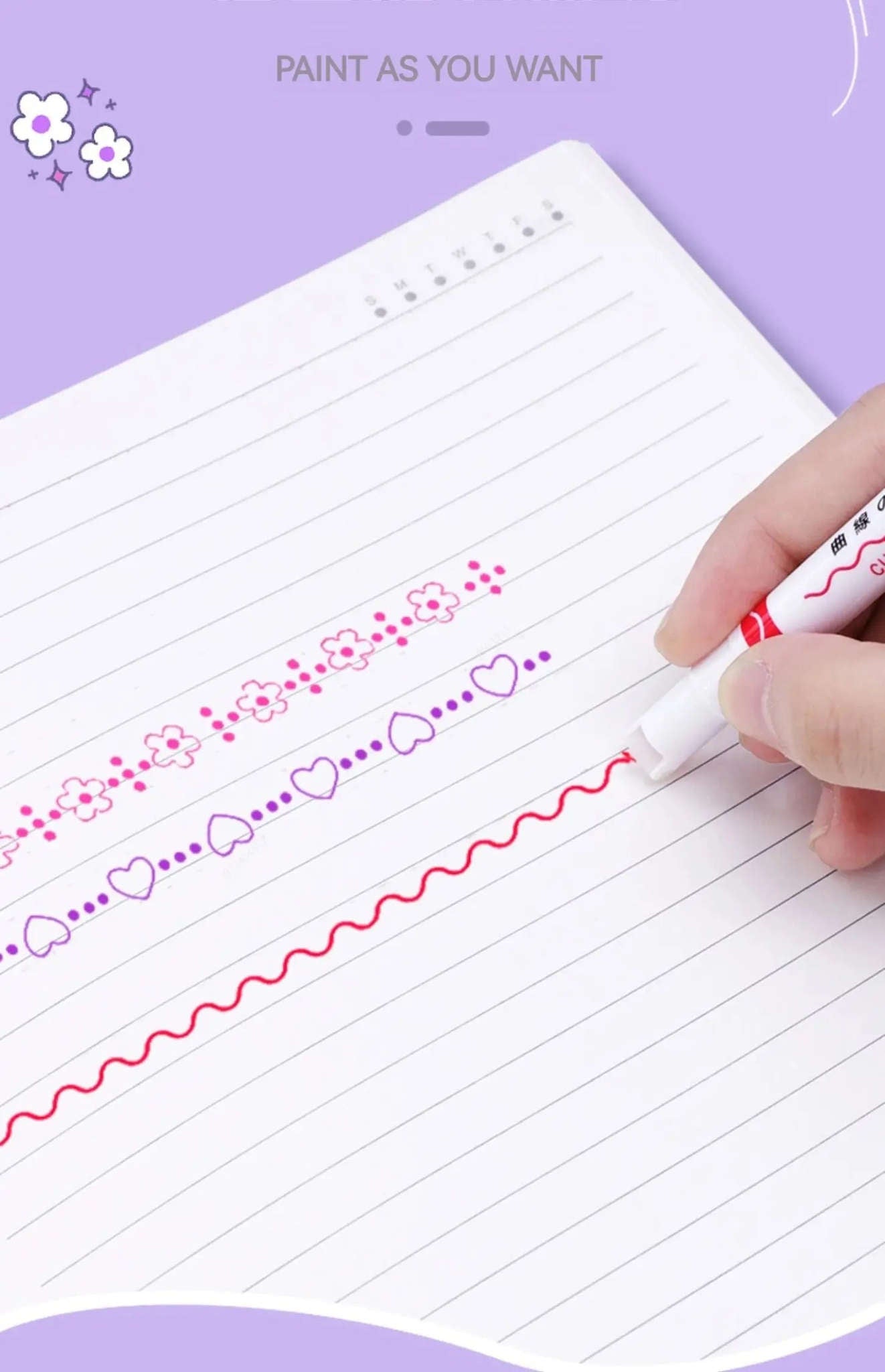 Flower Line Highlighter Pen Set, 6 Vibrant Decorative Markers-7068A-6 Colors