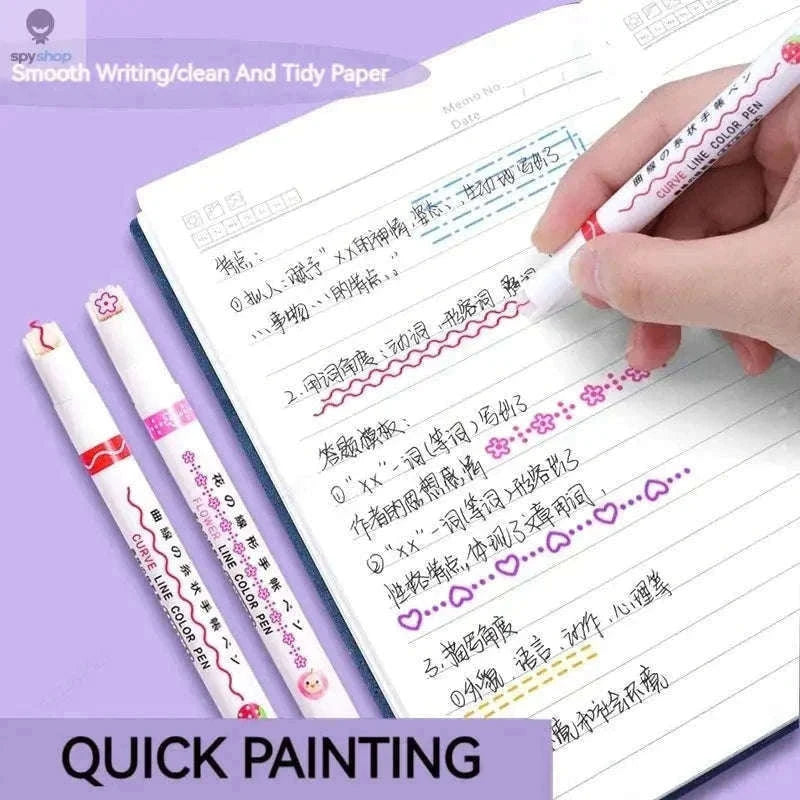 Flower Line Highlighter Pen Set, 6 Vibrant Decorative Markers-7068A-6 Colors
