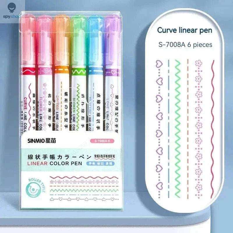 Flower Line Highlighter Pen Set, 6 Vibrant Decorative Markers-7068A-6 Colors