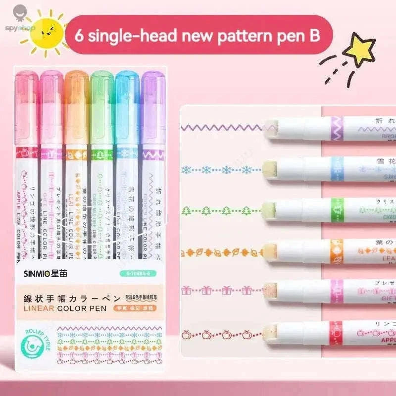 Flower Line Highlighter Pen Set, 6 Vibrant Decorative Markers-7068A-6 Colors