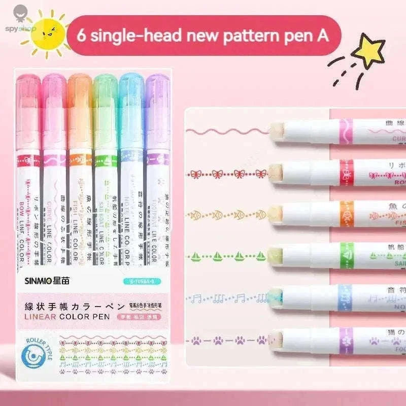 Flower Line Highlighter Pen Set, 6 Vibrant Decorative Markers-7068A-6 Colors
