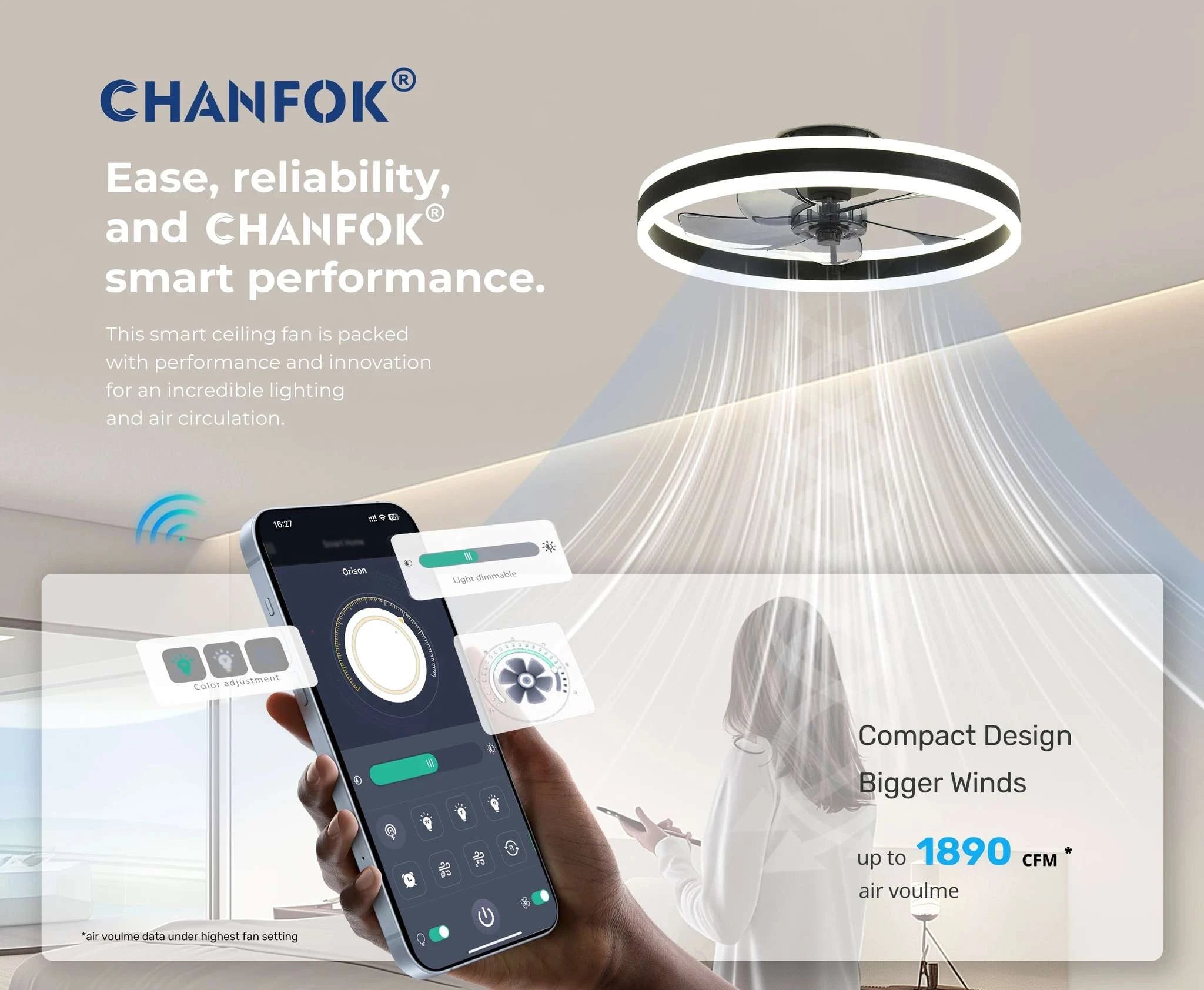 Flush Mount Ceiling Fan with Remote, 19.7" LED Dimmable Light-51-60W / 5 / 110-240V|United States