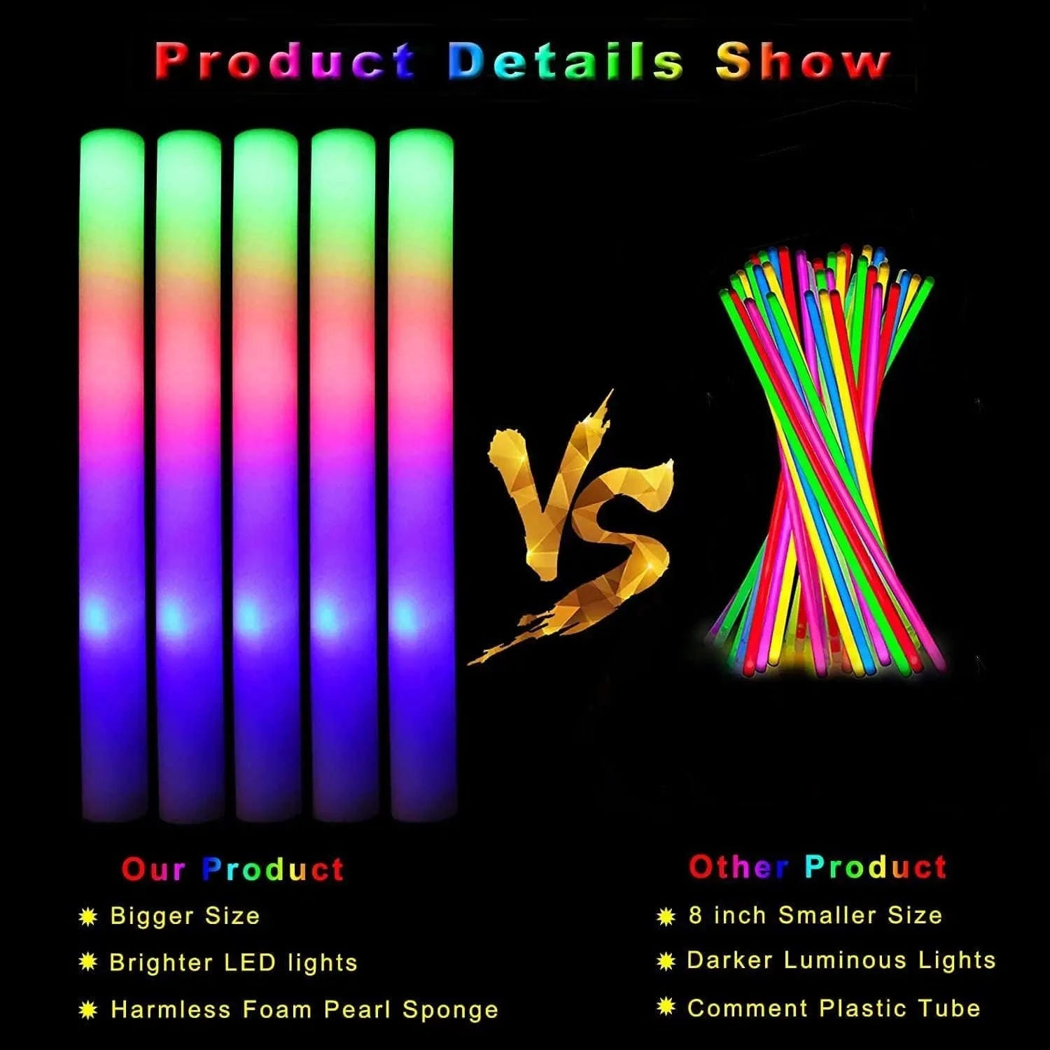 Foam Glow Sticks 30-Pack LED Flashing Batons-30Pcs MIX COLOR