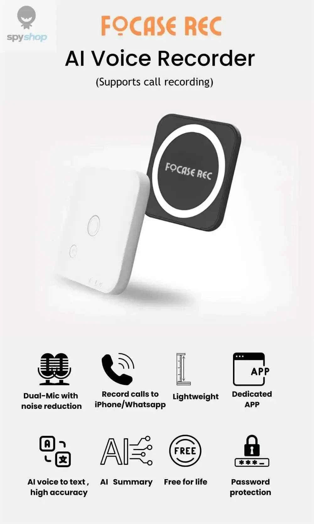 FoCase Rec CR1 AI Voice Recorder with Dual Mic Clarity, 64GB
