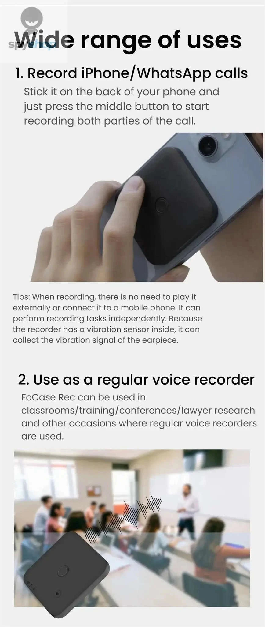 FoCase Rec CR1 AI Voice Recorder – Dual Mic Clarity, Call Recording, 64GB-64GB / White / CHINA