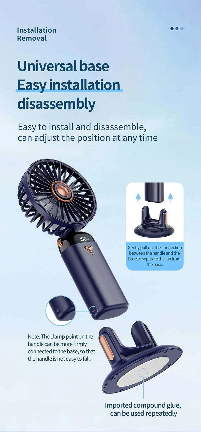 Foldable 5-Speed Handheld Mini Fan with LED Display-DEEP BLUE / United States