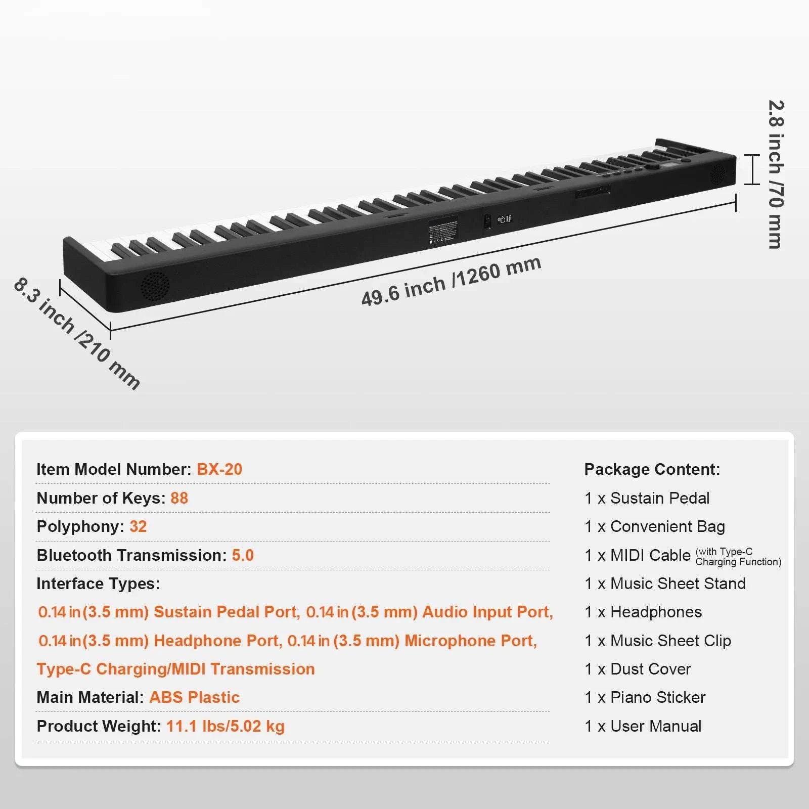Foldable 61/88-Key Bluetooth MIDI Keyboard Piano with Rechargeable Battery-88 Keys Black / CZECH REPUBLIC