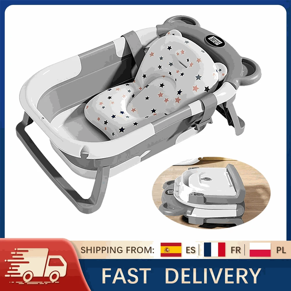 Foldable Baby Bathtub with Thermometer & Cushion for 0–15 Months-GRAY / france