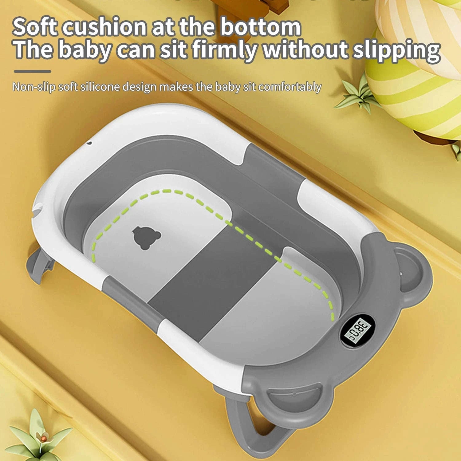 Foldable Baby Bathtub with Thermometer & Cushion for 0–15 Months-GRAY / france