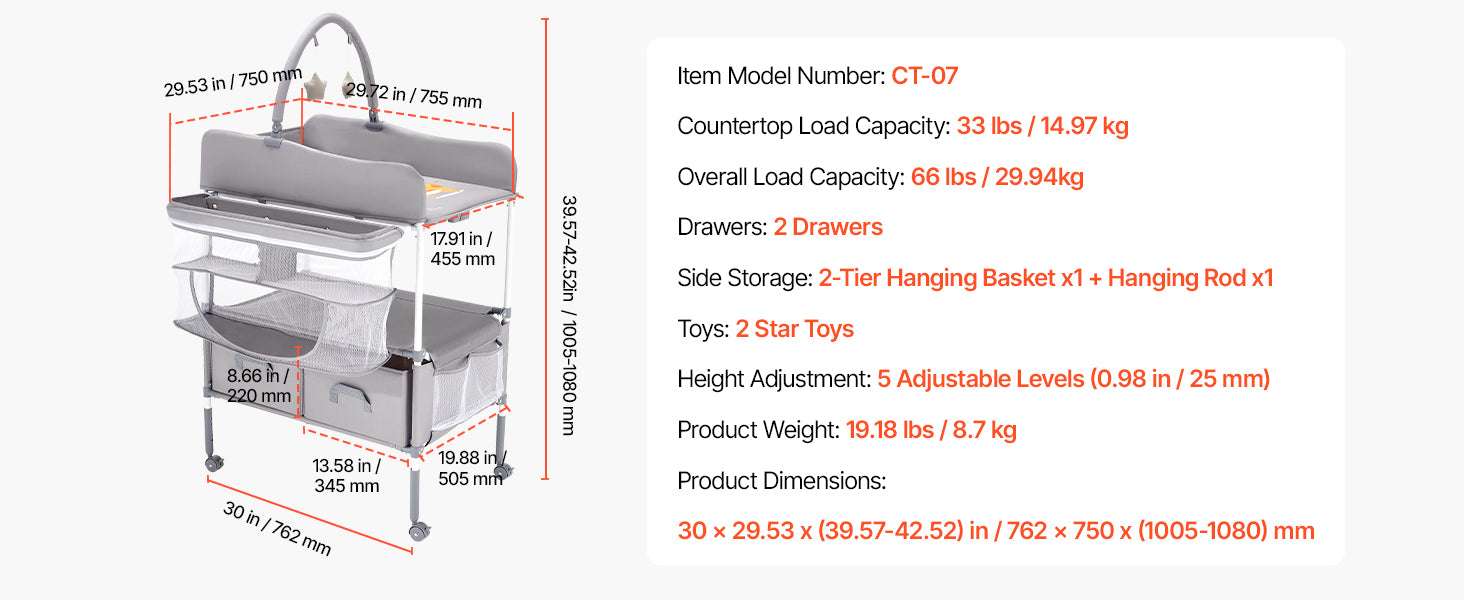 Foldable Baby Changing Table with Adjustable Height & Storage-Light grey H shape / United States