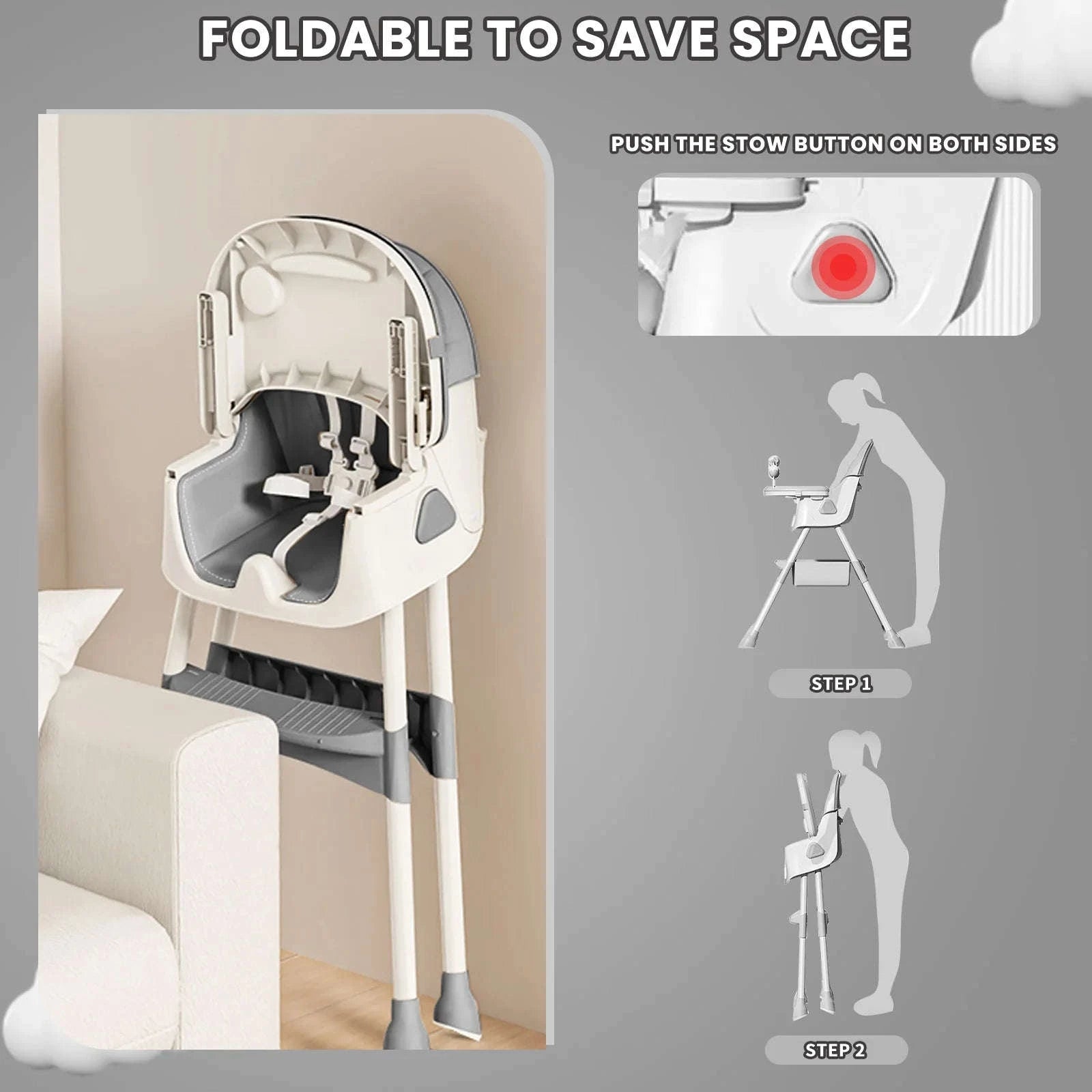 Foldable Baby High Chair with Tray and Toy Rack-Grey / Poland