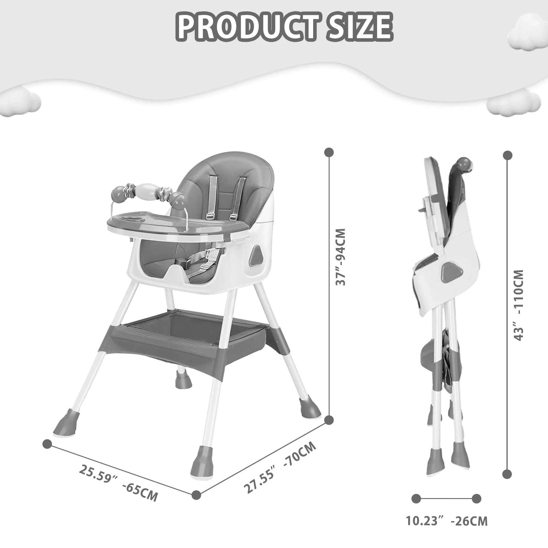Foldable Baby High Chair with Tray and Toy Rack-Grey / Poland