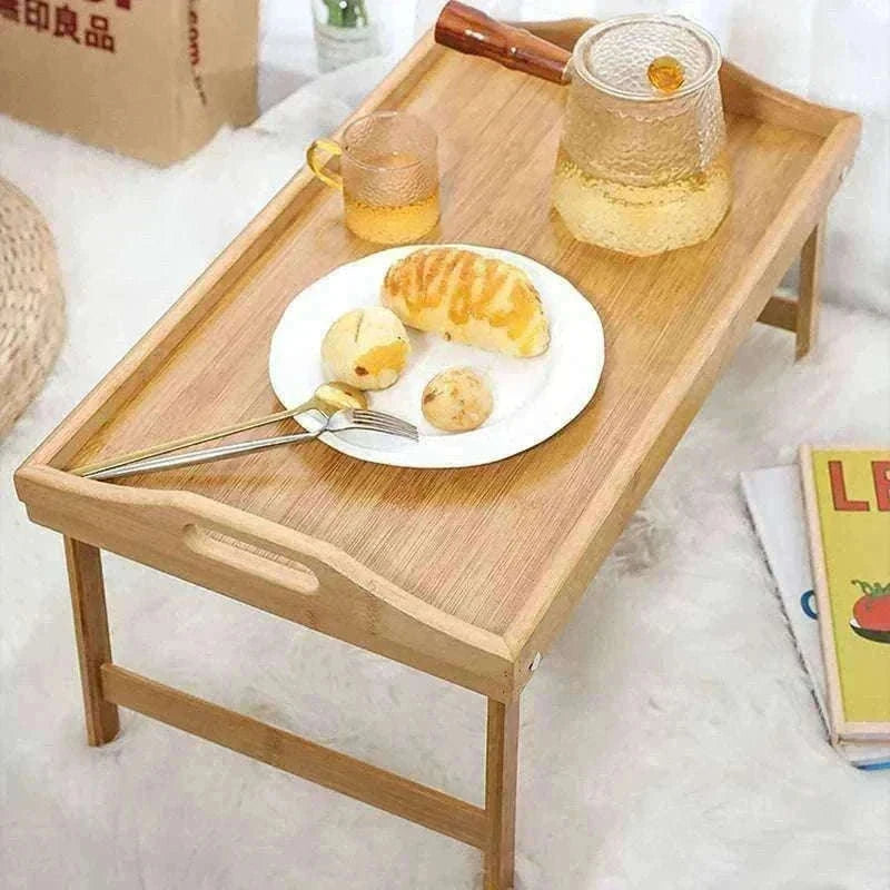 Foldable Bamboo Laptop Desk Bed Tray with Storage 50cm-yellow
