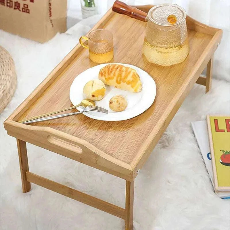 Foldable Bamboo Laptop Desk Bed Tray with Storage 50cm-yellow