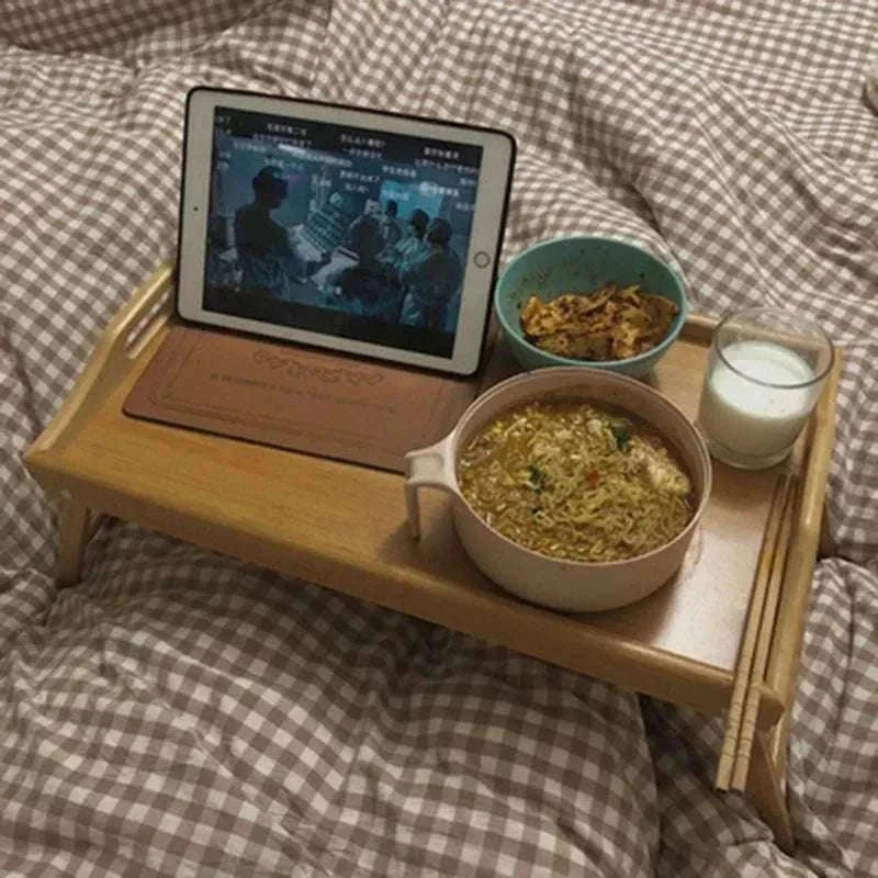 Foldable Bamboo Laptop Desk Bed Tray with Storage 50cm-yellow