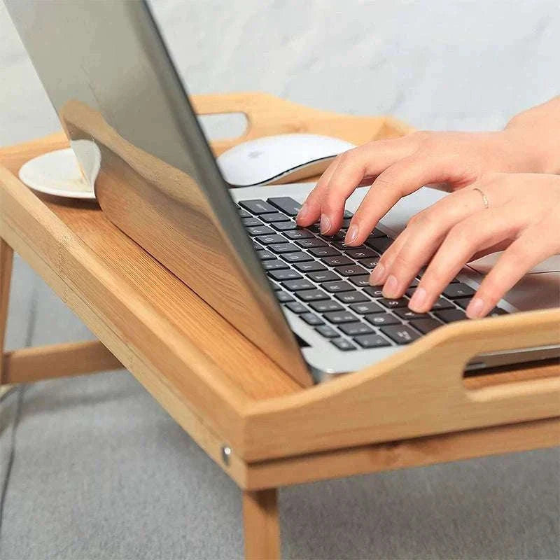 Foldable Bamboo Laptop Desk Bed Tray with Storage 50cm-yellow