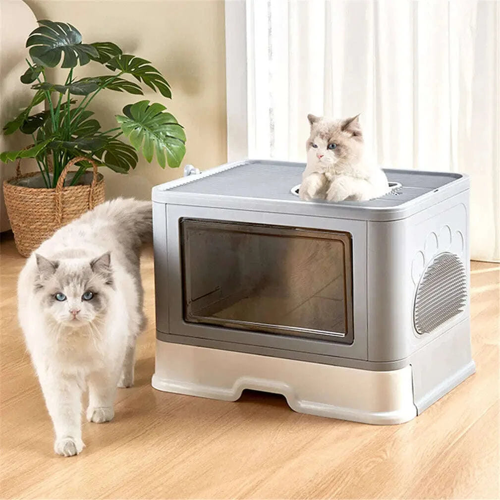 Foldable Cat Litter Box with Front Entry and Top Exit-Grey / United States