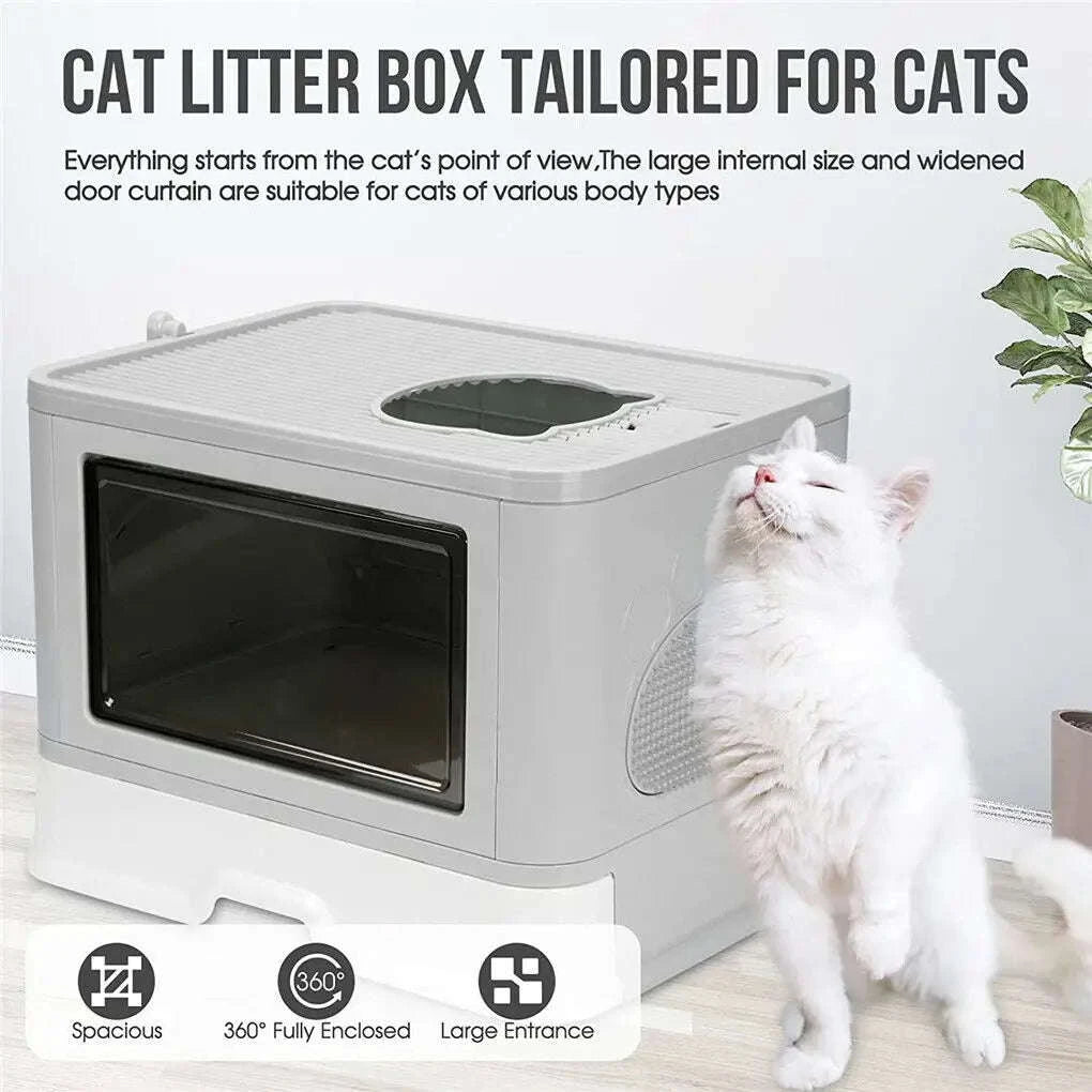 Foldable Cat Litter Box with Front Entry and Top Exit-Grey / United States