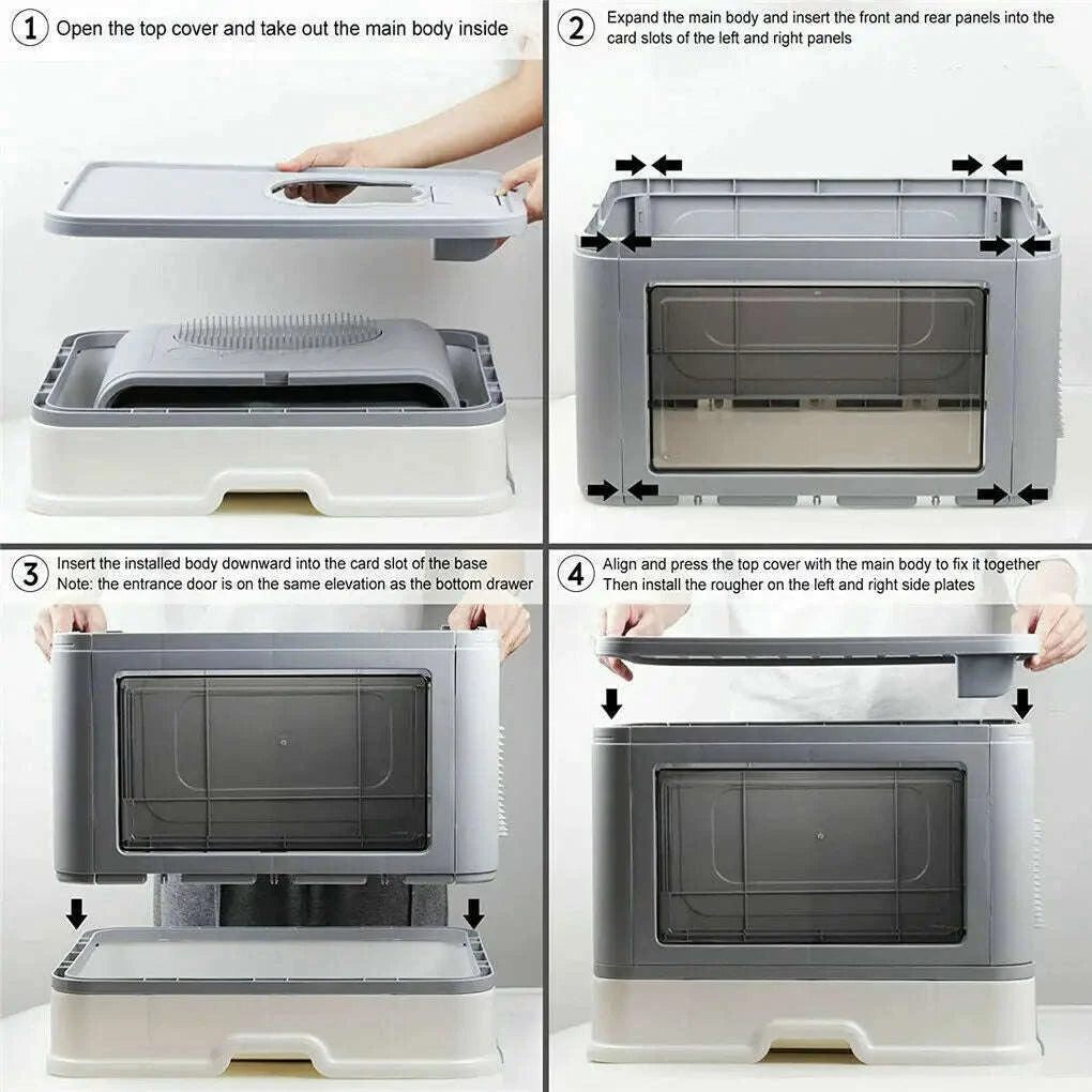 Foldable Cat Litter Box with Front Entry and Top Exit-Grey / United States