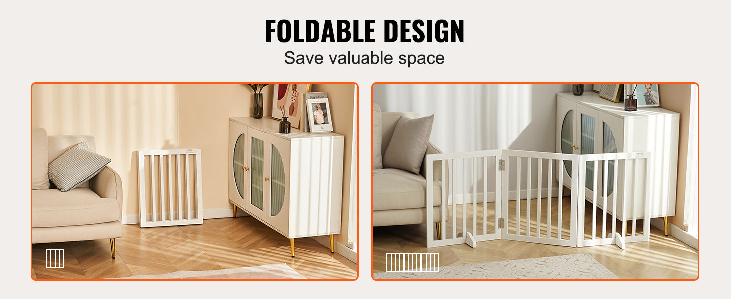 Freestanding Foldable Dog Gate 3 Panel Wood Pet Barrier 60"