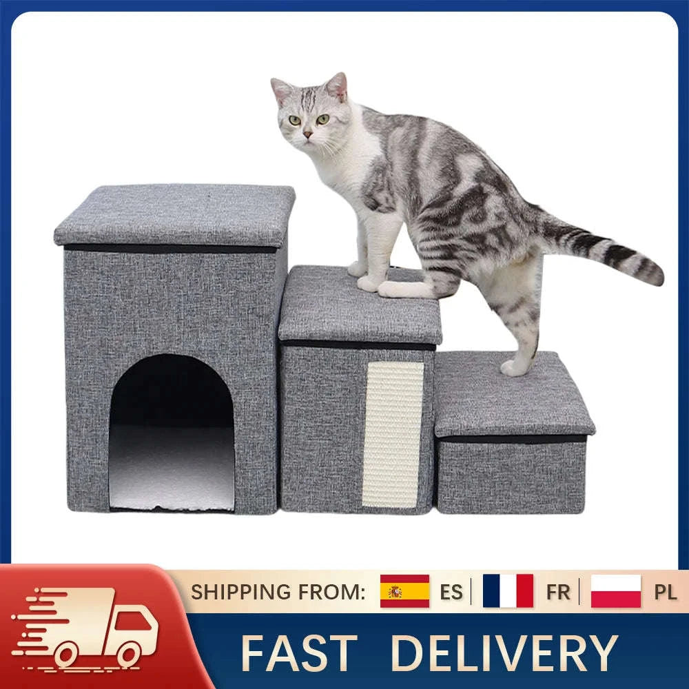 Foldable Dog Stairs with Storage 3-Step Pet Ramp for Bed & Sofa-Grey / france