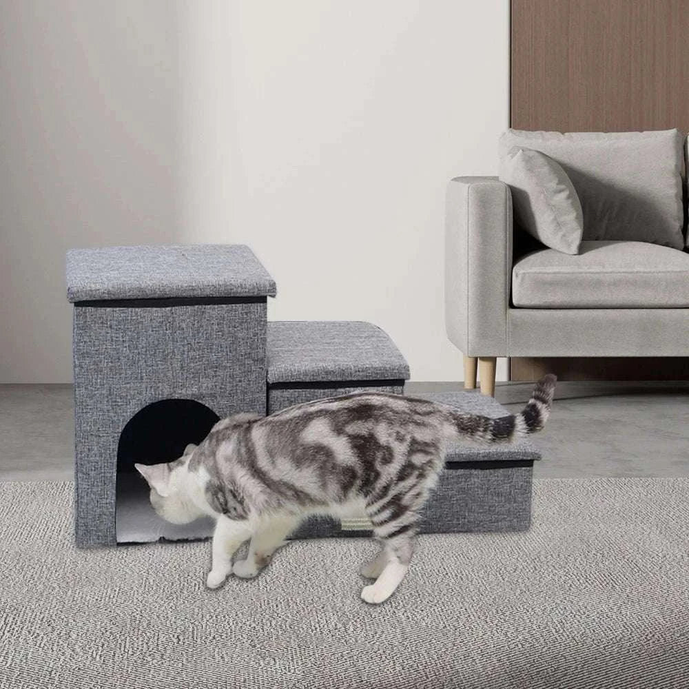 Foldable Dog Stairs with Storage 3-Step Pet Ramp for Bed & Sofa-Grey / france