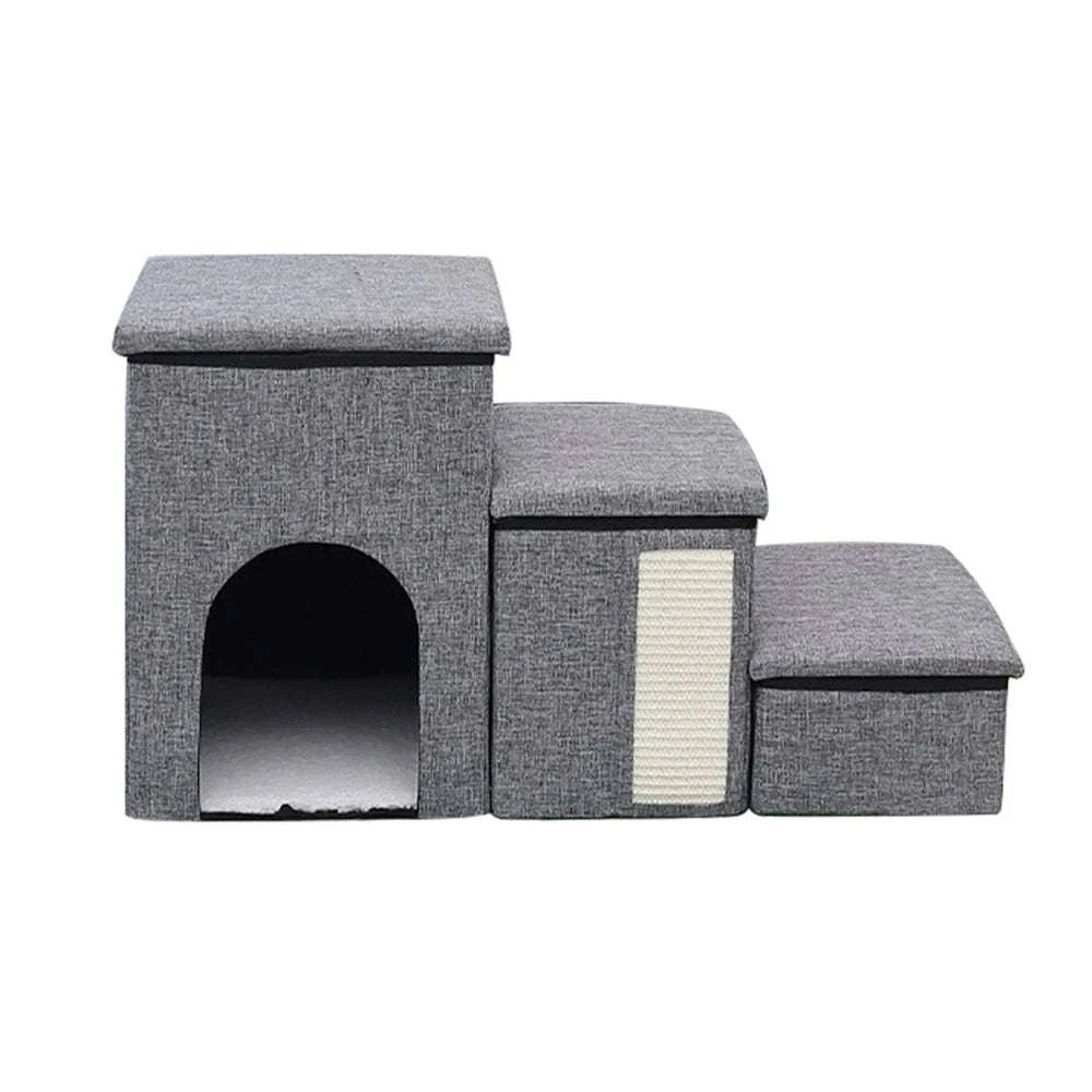 Foldable Dog Stairs with Storage 3-Step Pet Ramp for Bed & Sofa-Grey / france