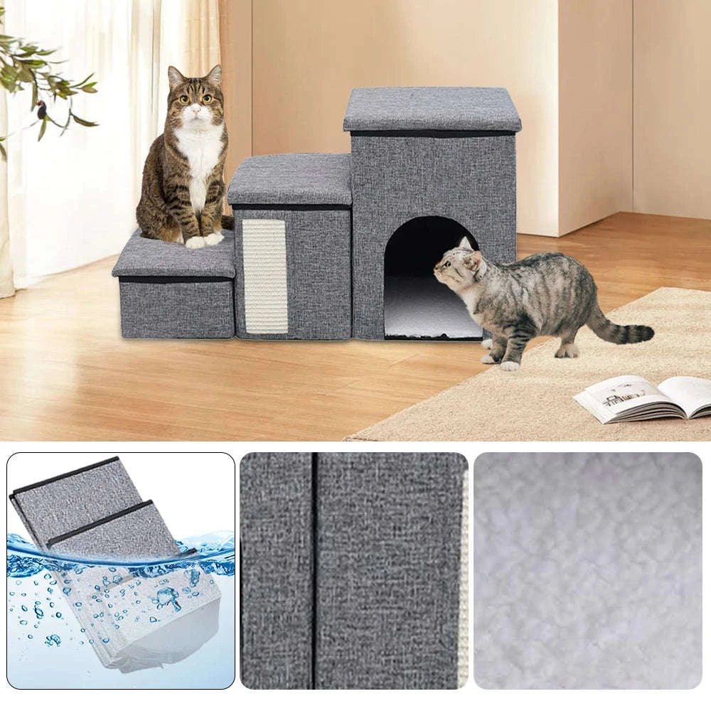 Foldable Dog Stairs with Storage 3-Step Pet Ramp for Bed & Sofa-Grey / france