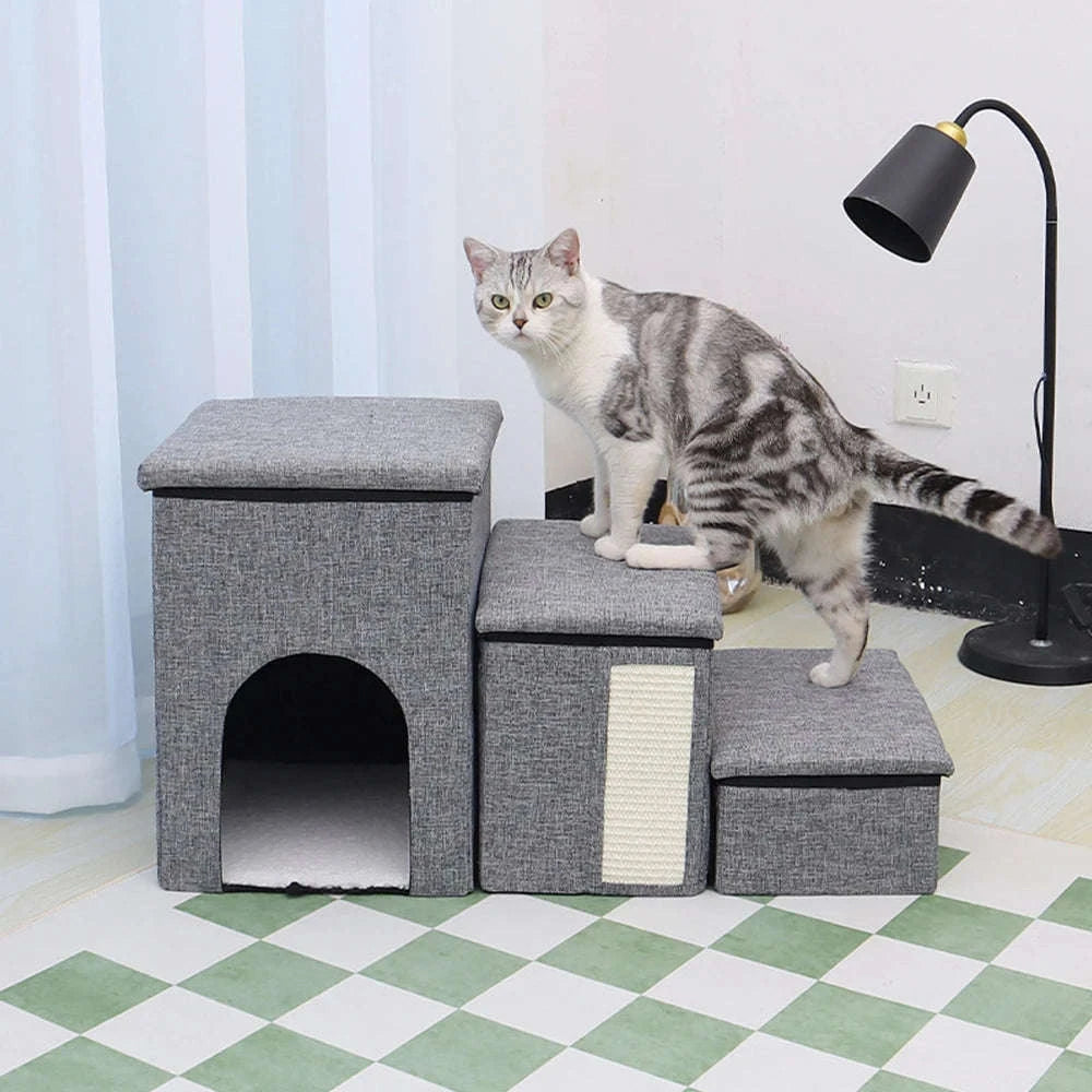 Foldable Dog Stairs with Storage 3-Step Pet Ramp for Bed & Sofa-Grey / france