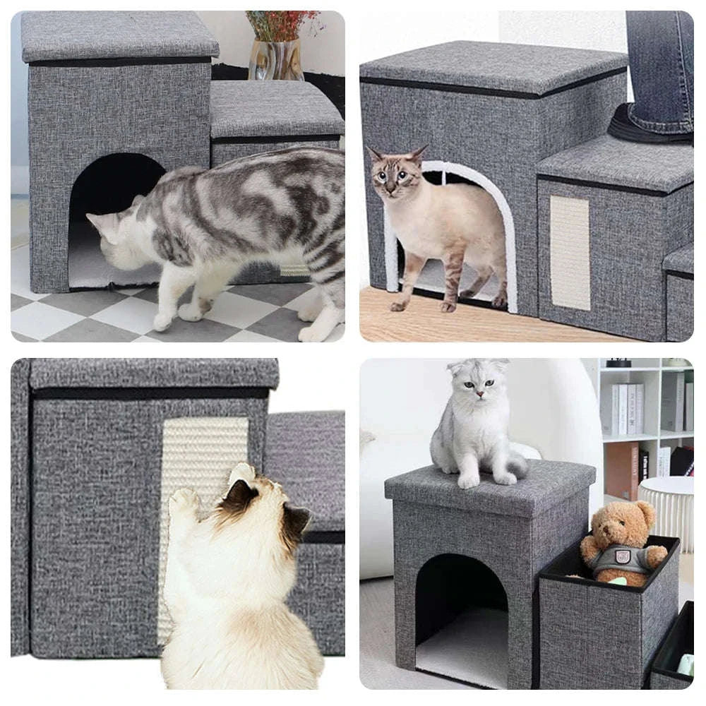 Foldable Dog Stairs with Storage 3-Step Pet Ramp for Bed & Sofa-Grey / france