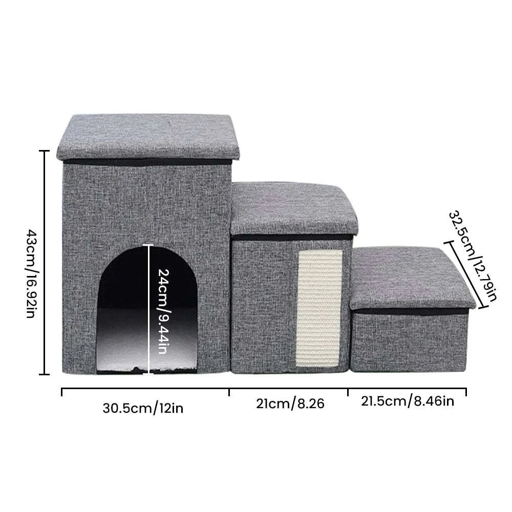 Foldable Dog Stairs with Storage 3-Step Pet Ramp for Bed & Sofa-Grey / france