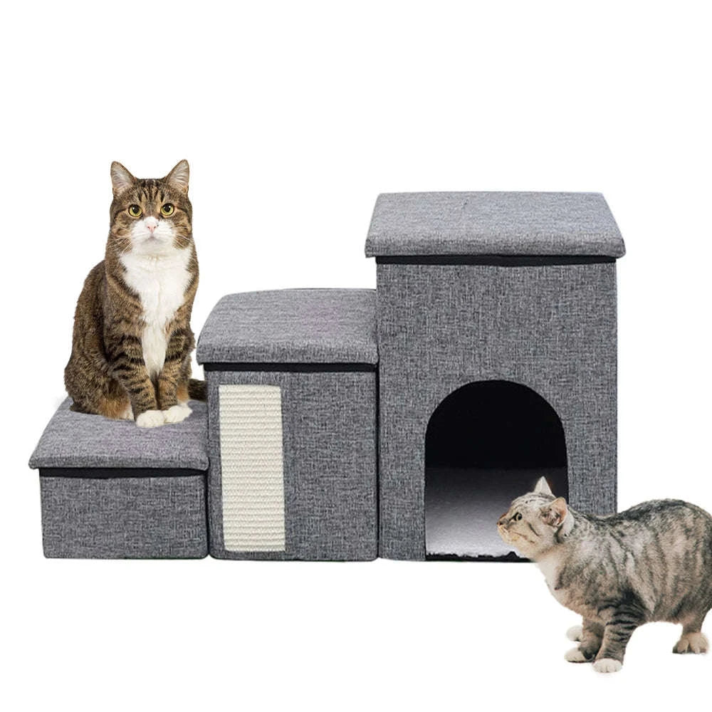 Foldable Dog Stairs with Storage 3-Step Pet Ramp for Bed & Sofa-Grey / france