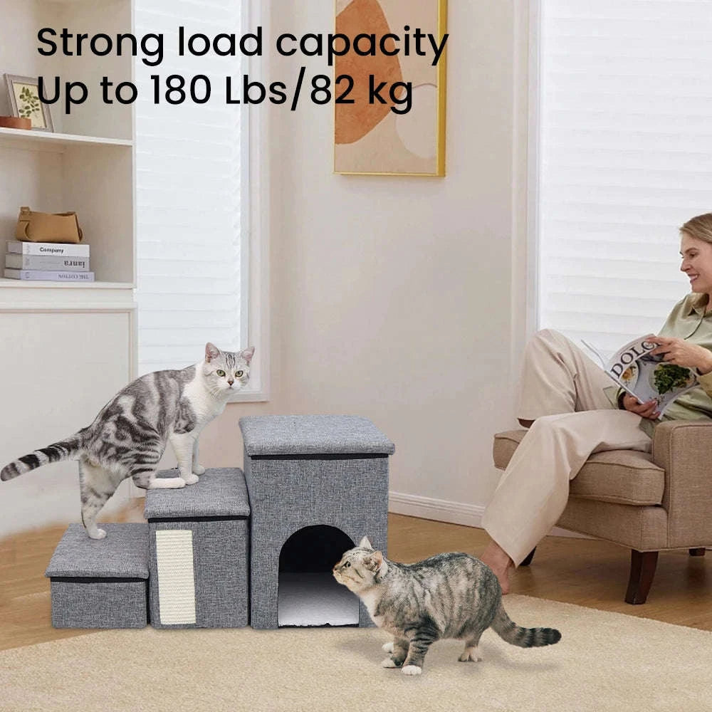 Foldable Dog Stairs with Storage 3-Step Pet Ramp for Bed & Sofa-Grey / france