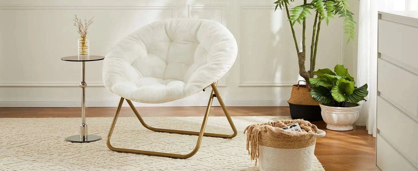 Foldable Faux Fur Saucer Chair with Thick Cushion and Metal Frame-Pink / United States