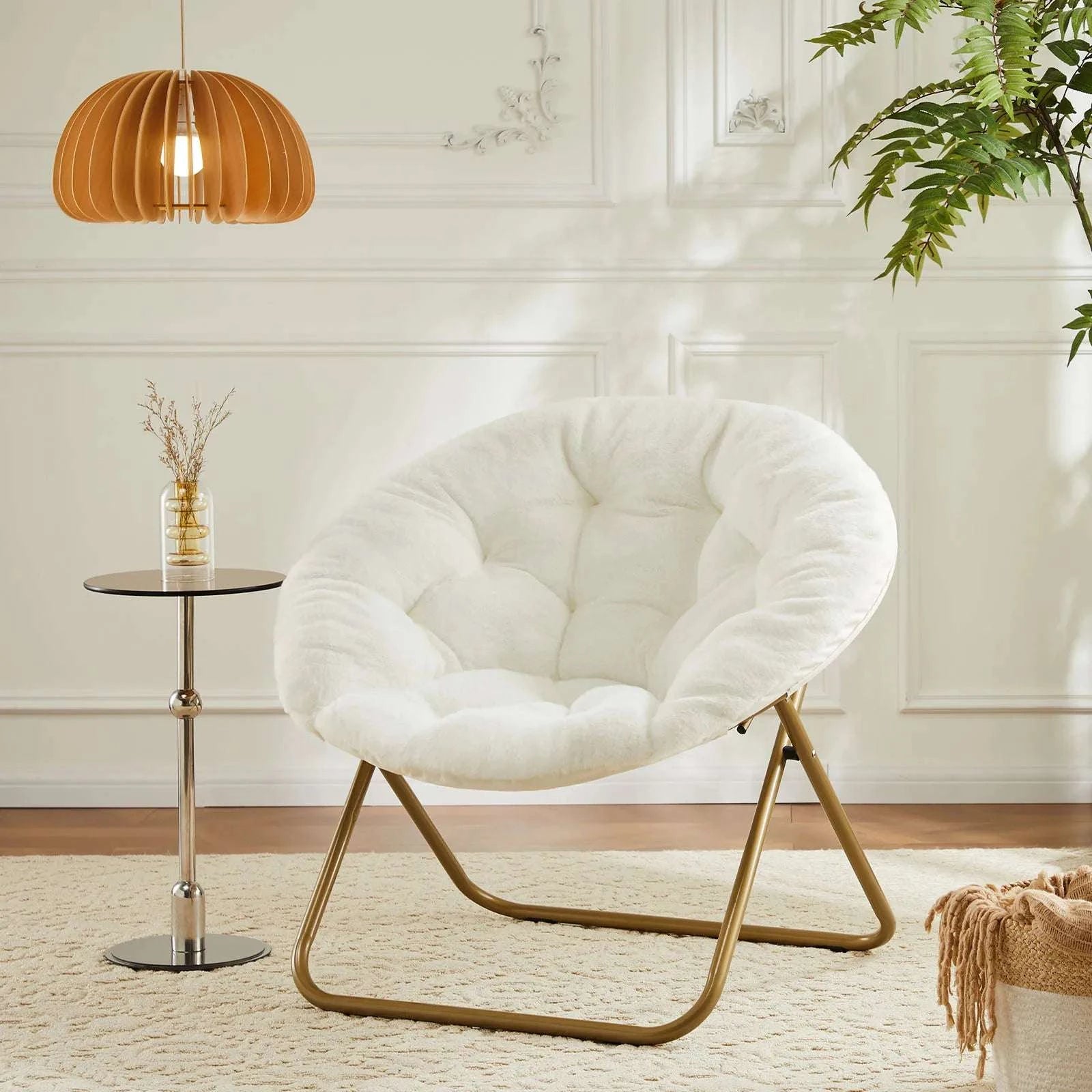 Foldable Faux Fur Saucer Chair with Thick Cushion and Metal Frame-Pink / United States