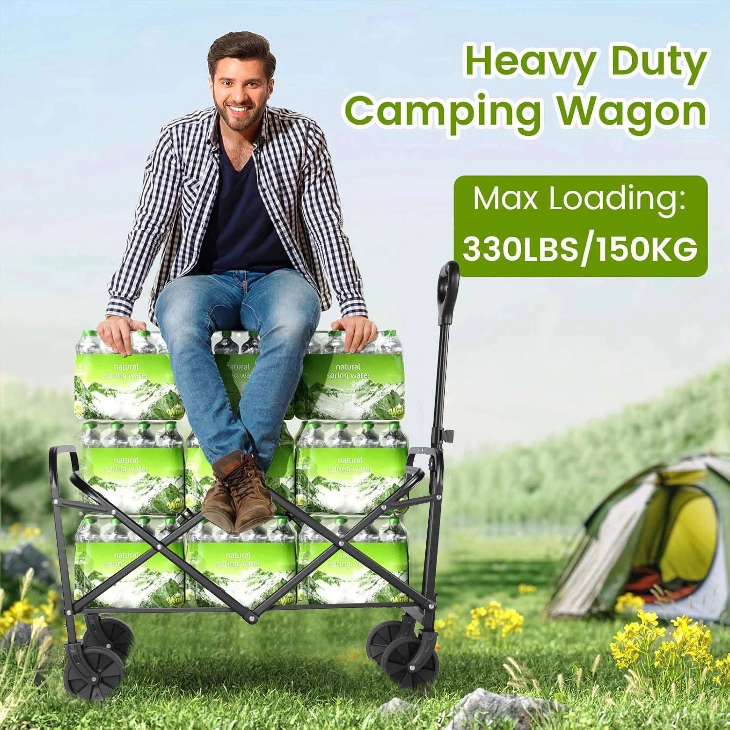 Foldable Heavy Duty Wagon Cart with All-Terrain Wheels & Holders-Blue / United States