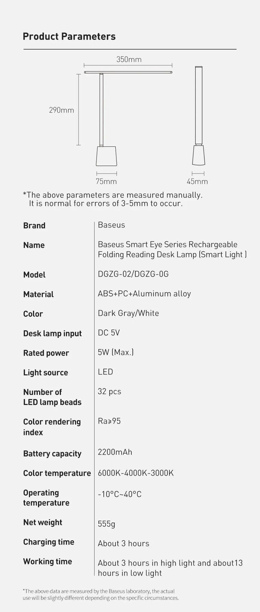 Foldable LED Desk Lamp with Auto Dimming & Eye-Care Light-White No Adapt / WHITE / L|0-5W